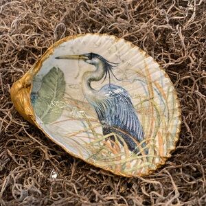 Handcrafted Decoupaged Blue Heron Giant Cockle Shell W/Gold Accents